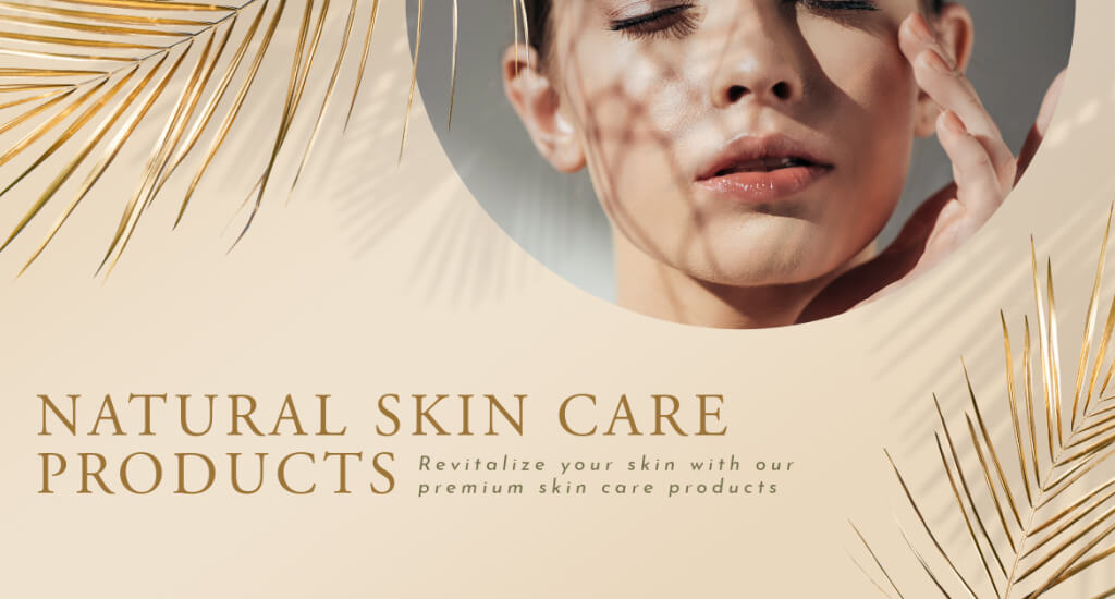 Close-up of a woman with natural skin care product advertisement and palm leaf shadows.
