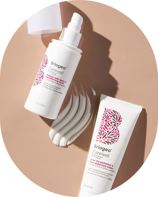 Briogeo Farewell Frizz hair care products with cream swatches on a beige background.