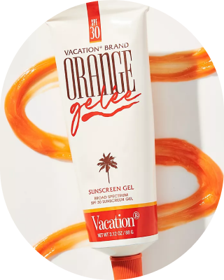 Tube of Vacation Brand Orange Gelee Sunscreen Gel with orange gel swirls.