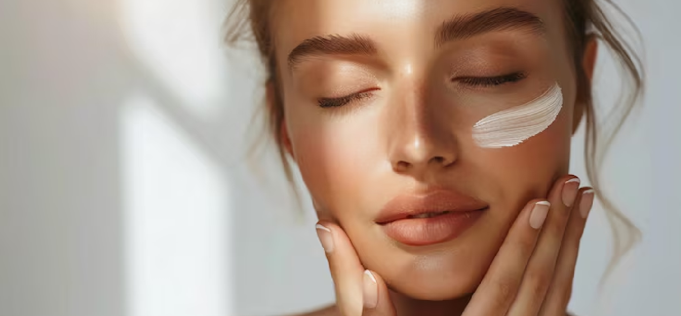 Woman with closed eyes applying cream on her cheek, enjoying skincare.