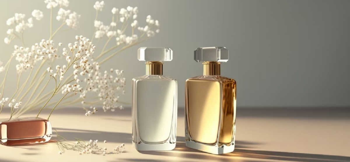 Two elegant perfume bottles with white flowers